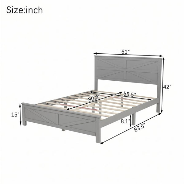 English Elm Farmhouse Queen Bed Solid Pine Slat Panel Headboard Footboard Platform Frame Grey W504P397203
