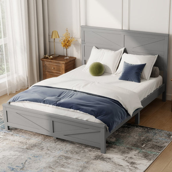 English Elm Farmhouse Queen Bed Solid Pine Slat Panel Headboard Footboard Platform Frame Grey W504P397203