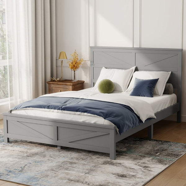 English Elm Farmhouse Queen Bed Solid Pine Slat Panel Headboard Footboard Platform Frame Grey W504P397203