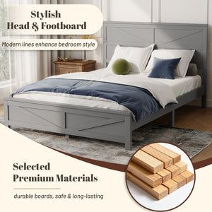 English Elm Farmhouse Queen Bed Solid Pine Slat Panel Headboard Footboard Platform Frame Grey W504P397203