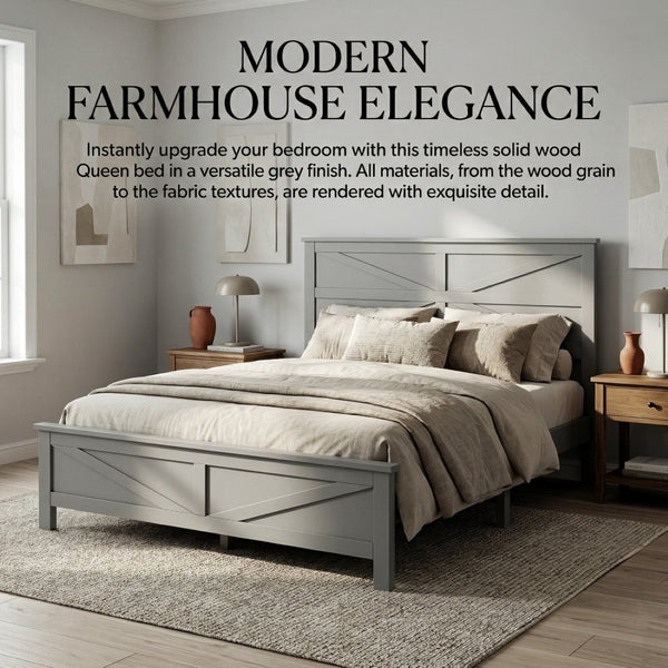 English Elm Farmhouse Queen Bed Solid Pine Slat Panel Headboard Footboard Platform Frame Grey W504P397203