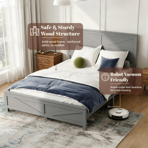 English Elm Farmhouse Queen Bed Solid Pine Slat Panel Headboard Footboard Platform Frame Grey W504P397203