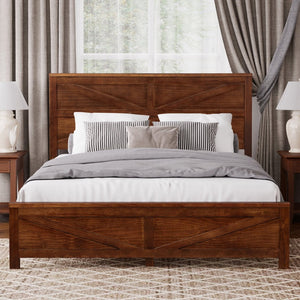 English Elm Farmhouse Queen Bed Solid Pine Slat Panel Headboard Footboard Platform Frame Walnut W504P397205