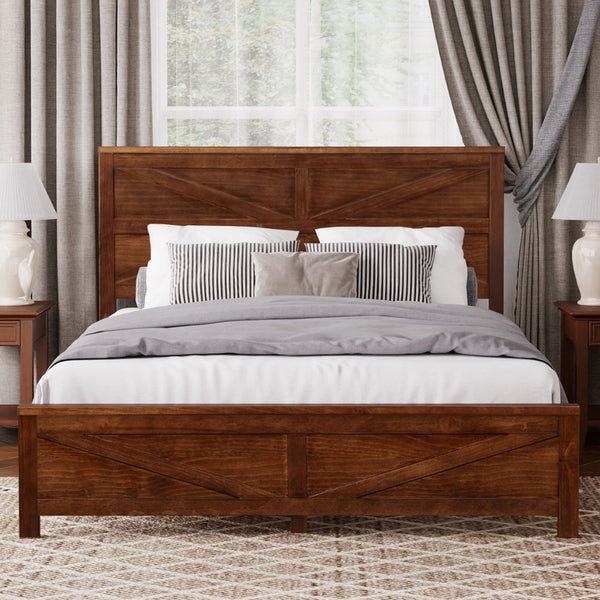 English Elm Farmhouse Queen Bed Solid Pine Slat Panel Headboard Footboard Platform Frame Walnut W504P397205