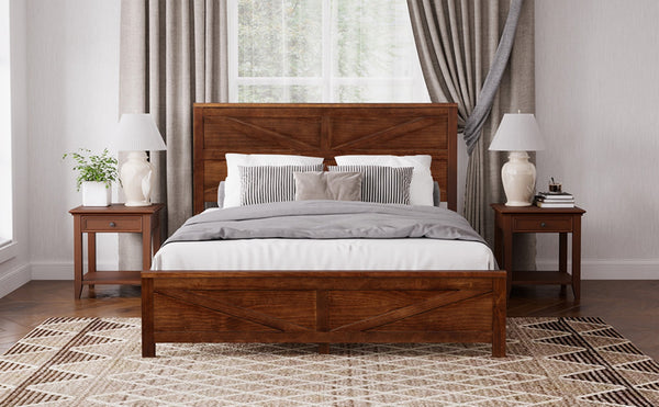 English Elm Farmhouse Queen Bed Solid Pine Slat Panel Headboard Footboard Platform Frame Walnut W504P397205