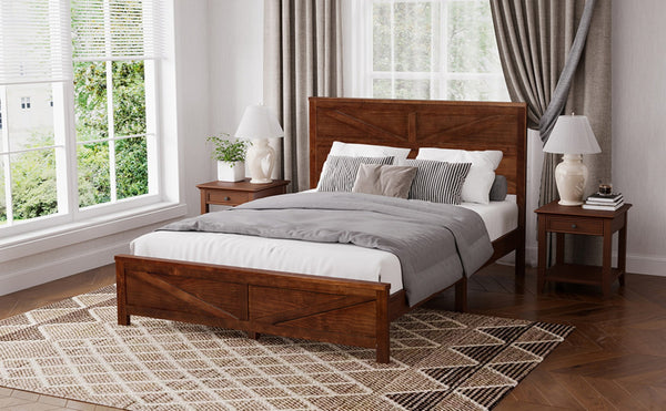 English Elm Farmhouse Queen Bed Solid Pine Slat Panel Headboard Footboard Platform Frame Walnut W504P397205