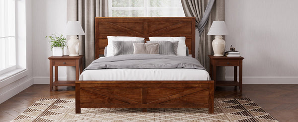 English Elm Farmhouse Queen Bed Solid Pine Slat Panel Headboard Footboard Platform Frame Walnut W504P397205