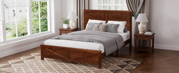 English Elm Farmhouse Queen Bed Solid Pine Slat Panel Headboard Footboard Platform Frame Walnut W504P397205
