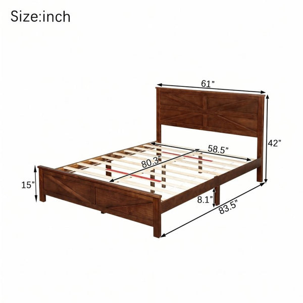 English Elm Farmhouse Queen Bed Solid Pine Slat Panel Headboard Footboard Platform Frame Walnut W504P397205