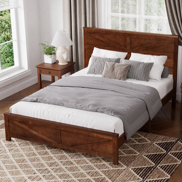 English Elm Farmhouse Queen Bed Solid Pine Slat Panel Headboard Footboard Platform Frame Walnut W504P397205