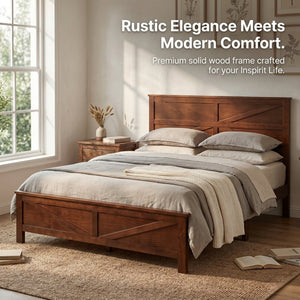 English Elm Farmhouse Queen Bed Solid Pine Slat Panel Headboard Footboard Platform Frame Walnut W504P397205