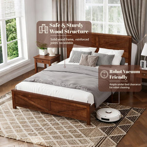 English Elm Farmhouse Queen Bed Solid Pine Slat Panel Headboard Footboard Platform Frame Walnut W504P397205