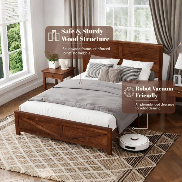 English Elm Farmhouse Queen Bed Solid Pine Slat Panel Headboard Footboard Platform Frame Walnut W504P397205