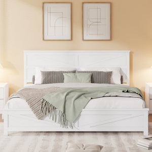 English Elm Farmhouse King Bed with Slatted Barn Door Headboard Solid Pine Frame 500 Lb Support White W504P397207