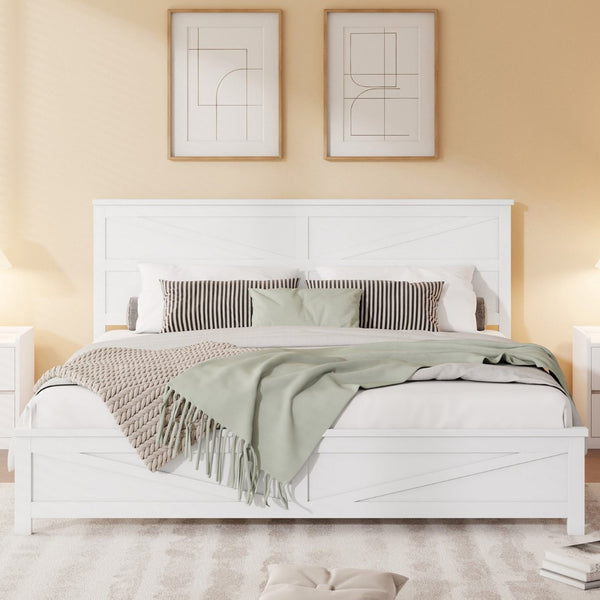 English Elm Farmhouse King Bed with Slatted Barn Door Headboard Solid Pine Frame 500 Lb Support White W504P397207