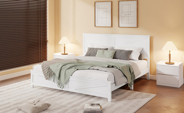 English Elm Farmhouse King Bed with Slatted Barn Door Headboard Solid Pine Frame 500 Lb Support White W504P397207
