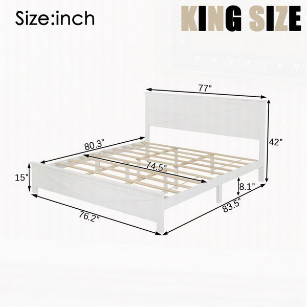 English Elm Farmhouse King Bed with Slatted Barn Door Headboard Solid Pine Frame 500 Lb Support White W504P397207