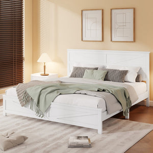 English Elm Farmhouse King Bed with Slatted Barn Door Headboard Solid Pine Frame 500 Lb Support White W504P397207