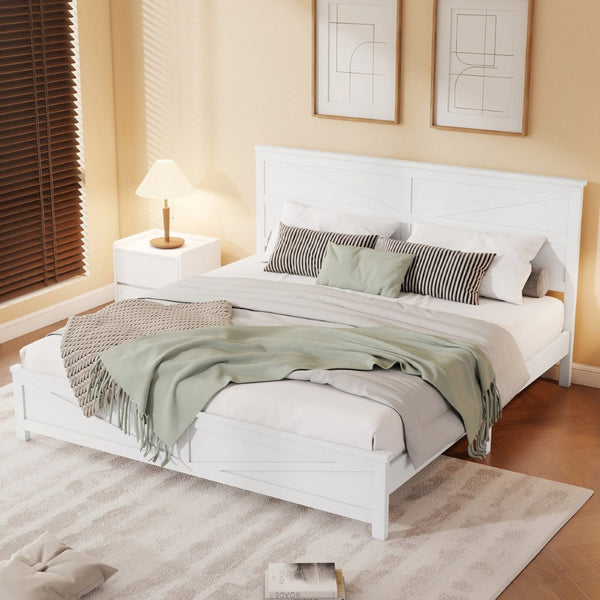 English Elm Farmhouse King Bed with Slatted Barn Door Headboard Solid Pine Frame 500 Lb Support White W504P397207