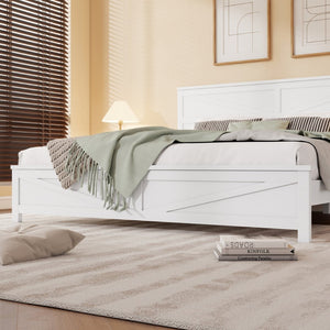 English Elm Farmhouse King Bed with Slatted Barn Door Headboard Solid Pine Frame 500 Lb Support White W504P397207