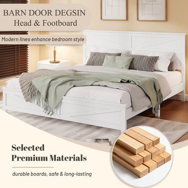 English Elm Farmhouse King Bed with Slatted Barn Door Headboard Solid Pine Frame 500 Lb Support White W504P397207