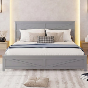 English Elm Farmhouse King Bed with Slatted Barn Door Headboard Solid Pine Frame 500 Lb Support Grey W504P397209
