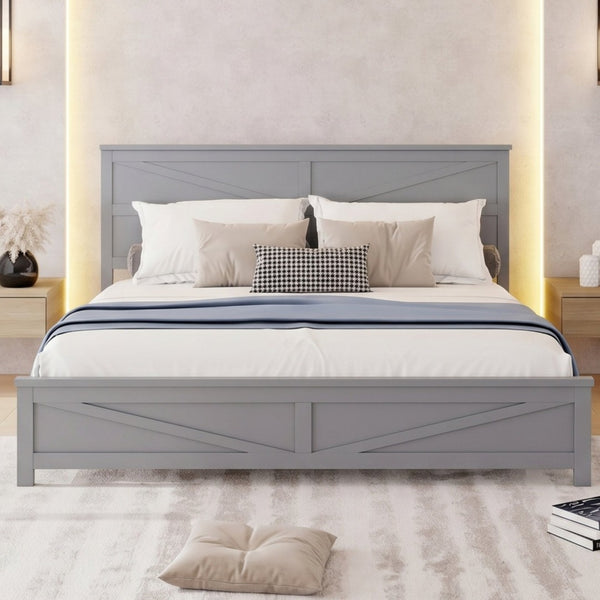 English Elm Farmhouse King Bed with Slatted Barn Door Headboard Solid Pine Frame 500 Lb Support Grey W504P397209