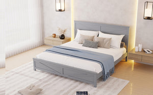 English Elm Farmhouse King Bed with Slatted Barn Door Headboard Solid Pine Frame 500 Lb Support Grey W504P397209