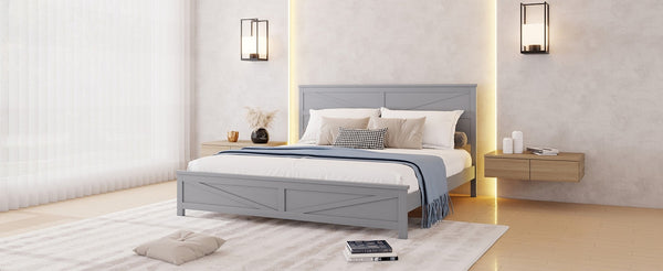 English Elm Farmhouse King Bed with Slatted Barn Door Headboard Solid Pine Frame 500 Lb Support Grey W504P397209