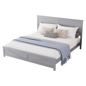 English Elm Farmhouse King Bed with Slatted Barn Door Headboard Solid Pine Frame 500 Lb Support Grey W504P397209