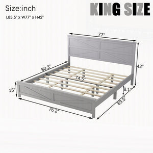 English Elm Farmhouse King Bed with Slatted Barn Door Headboard Solid Pine Frame 500 Lb Support Grey W504P397209
