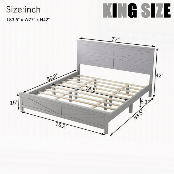 English Elm Farmhouse King Bed with Slatted Barn Door Headboard Solid Pine Frame 500 Lb Support Grey W504P397209