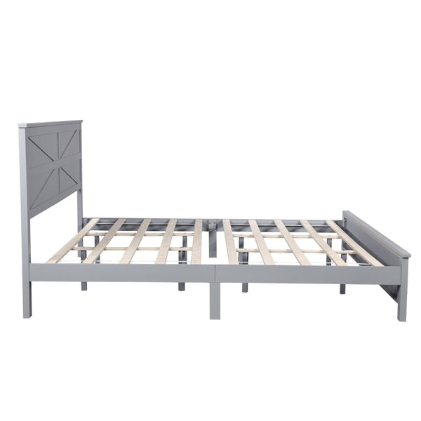 English Elm Farmhouse King Bed with Slatted Barn Door Headboard Solid Pine Frame 500 Lb Support Grey W504P397209