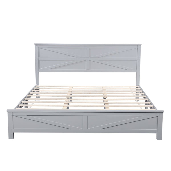 English Elm Farmhouse King Bed with Slatted Barn Door Headboard Solid Pine Frame 500 Lb Support Grey W504P397209