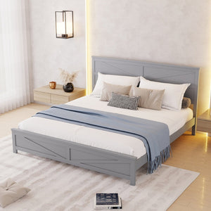 English Elm Farmhouse King Bed with Slatted Barn Door Headboard Solid Pine Frame 500 Lb Support Grey W504P397209