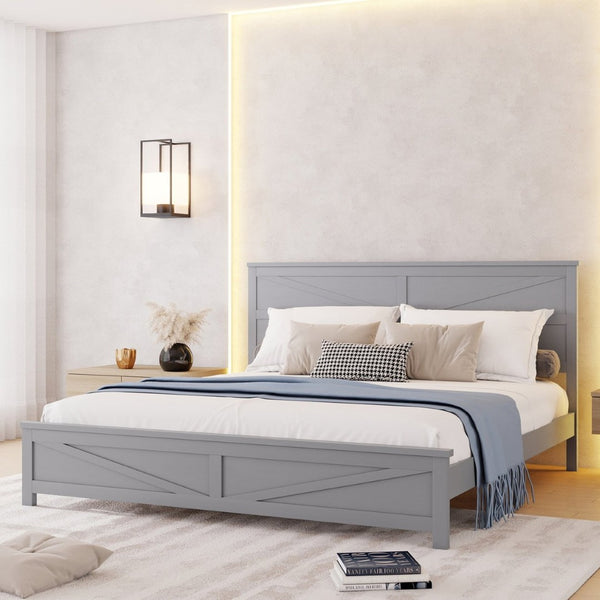 English Elm Farmhouse King Bed with Slatted Barn Door Headboard Solid Pine Frame 500 Lb Support Grey W504P397209