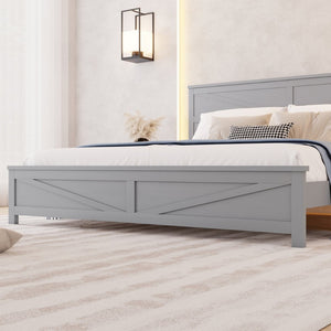 English Elm Farmhouse King Bed with Slatted Barn Door Headboard Solid Pine Frame 500 Lb Support Grey W504P397209