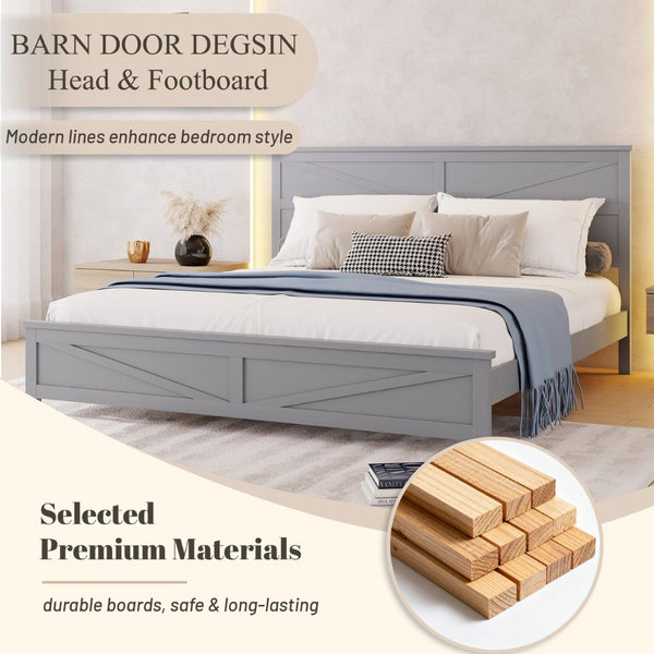 English Elm Farmhouse King Bed with Slatted Barn Door Headboard Solid Pine Frame 500 Lb Support Grey W504P397209