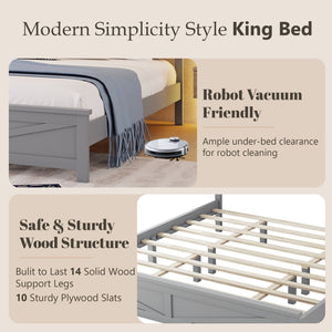 English Elm Farmhouse King Bed with Slatted Barn Door Headboard Solid Pine Frame 500 Lb Support Grey W504P397209