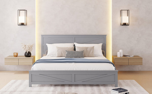 English Elm Farmhouse King Bed with Slatted Barn Door Headboard Solid Pine Frame 500 Lb Support Grey W504P397209