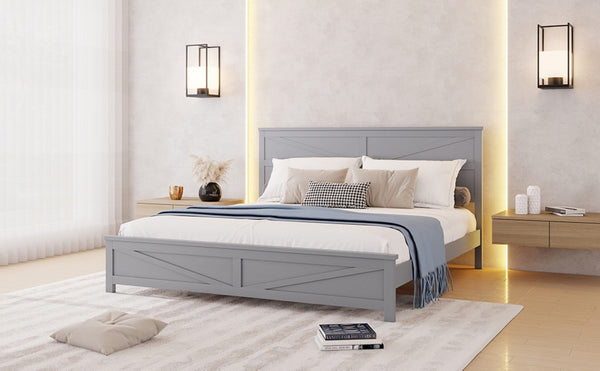 English Elm Farmhouse King Bed with Slatted Barn Door Headboard Solid Pine Frame 500 Lb Support Grey W504P397209