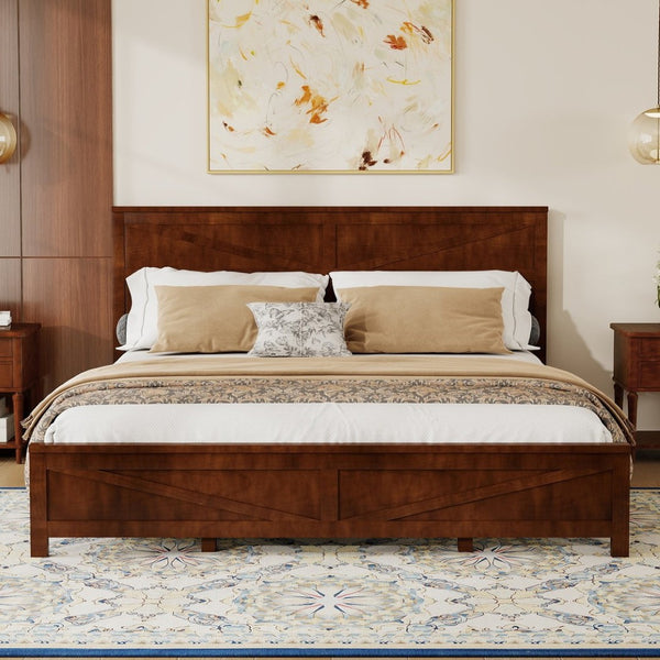 English Elm Farmhouse King Bed with Slatted Barn Door Headboard Solid Pine Frame 500 Lb Support Walnut W504P397210