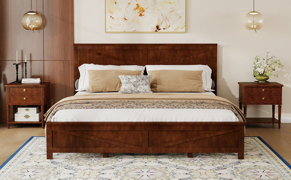 English Elm Farmhouse King Bed with Slatted Barn Door Headboard Solid Pine Frame 500 Lb Support Walnut W504P397210