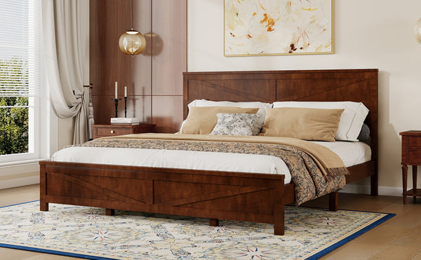 English Elm Farmhouse King Bed with Slatted Barn Door Headboard Solid Pine Frame 500 Lb Support Walnut W504P397210