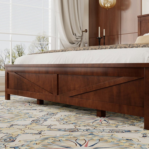 English Elm Farmhouse King Bed with Slatted Barn Door Headboard Solid Pine Frame 500 Lb Support Walnut W504P397210