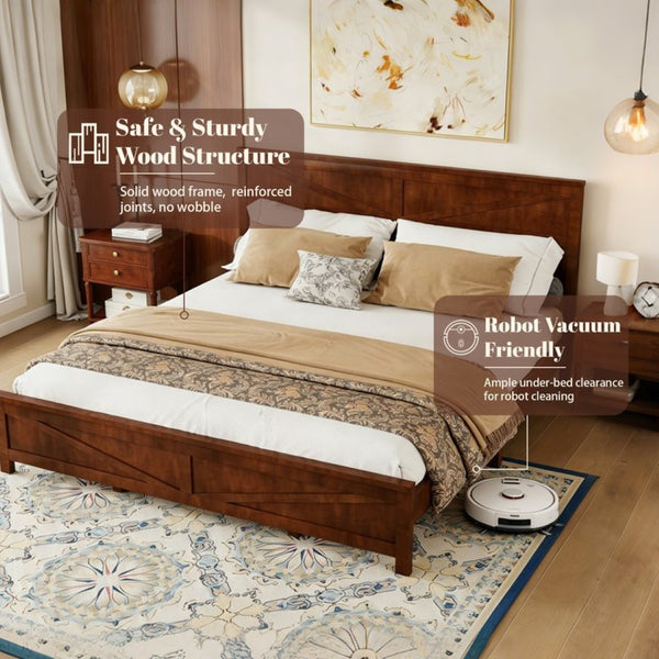 English Elm Farmhouse King Bed with Slatted Barn Door Headboard Solid Pine Frame 500 Lb Support Walnut W504P397210