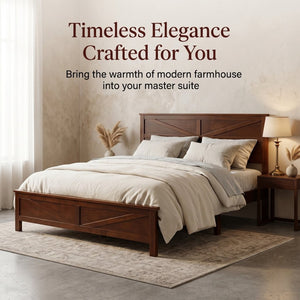 English Elm Farmhouse King Bed with Slatted Barn Door Headboard Solid Pine Frame 500 Lb Support Walnut W504P397210