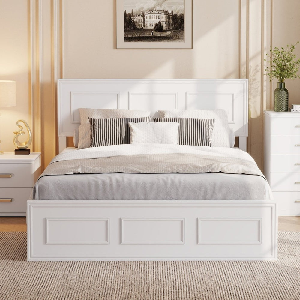 English Elm Full Pine Wood Farmhouse Bed Adjustable Headboard Panel Design Cottage Bedroom Frame White W504P423812