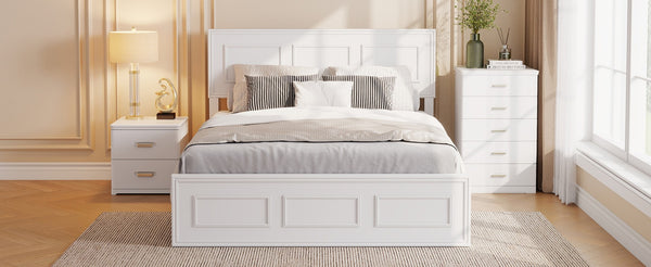 English Elm Full Pine Wood Farmhouse Bed Adjustable Headboard Panel Design Cottage Bedroom Frame White W504P423812
