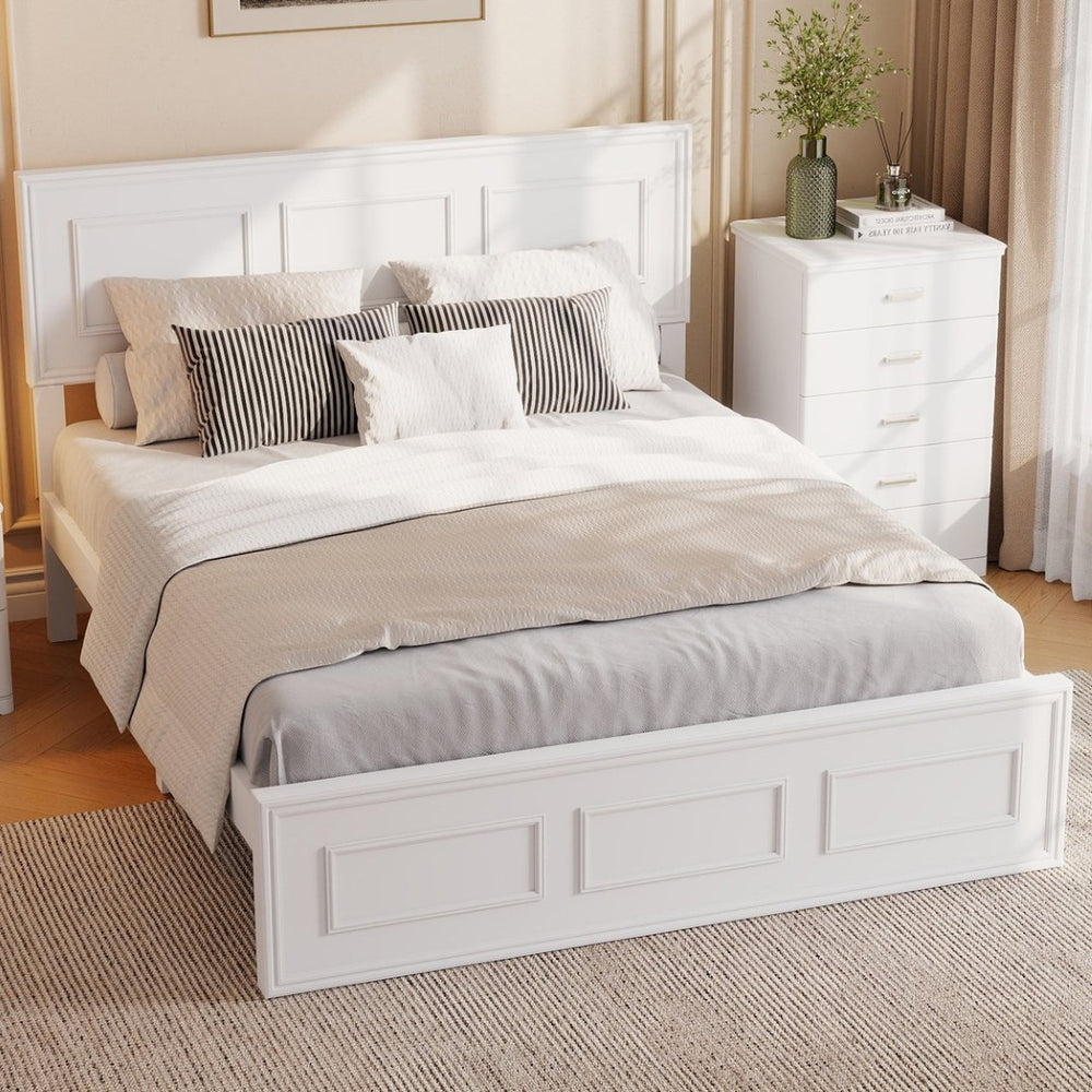 English Elm Full Pine Wood Farmhouse Bed Adjustable Headboard Panel Design Cottage Bedroom Frame White W504P423812